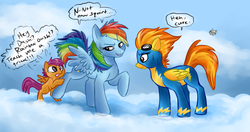 Size: 1058x558 | Tagged: source needed, safe, artist:qwert5, derpy hooves, rainbow dash, scootaloo, spitfire, pegasus, pony, g4, blank flank, cloud, cloudy, female, filly, foal, goggles, hooves, mare, on a cloud, open mouth, peeking, speech bubble, spread wings, standing on a cloud, sweat, sweatdrop, wings, wonderbolts, wonderbolts uniform