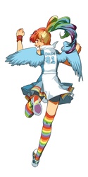 Size: 500x1000 | Tagged: safe, artist:lettiebobettie, rainbow dash, human, g4, clothes, female, humanized, ponytail, rear view, simple background, socks, solo, striped socks, white background, winged humanization, wings