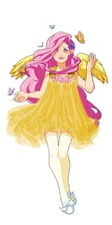 Size: 500x1000 | Tagged: safe, artist:lettiebobettie, fluttershy, butterfly, human, g4, clothes, dress, female, humanized, simple background, solo, white background, winged humanization