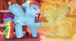 Size: 1526x844 | Tagged: safe, artist:samoyedwarrior, rainbow dash, pegasus, pony, fanfic:on a cross and arrow, g4, crying, duo, fanfic, fanfic art, female, floppy ears, golden oaks library, male, mare, rainbow blitz, rule 63, self ponidox, stallion