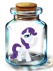 Size: 600x800 | Tagged: artist needed, safe, rarity, pony, unicorn, g4, angry, bottle, female, mare, pony in a bottle, raised hoof, solo