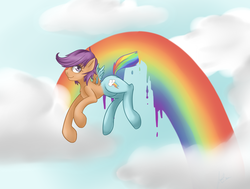 Size: 1280x966 | Tagged: dead source, safe, artist:sorenbrian, scootaloo, pegasus, pony, g4, bodypaint, cloud, cloudy, female, filly, flying, liquid rainbow, paint, paint in hair, paint on feathers, paint on fur, painting characters, rainbow, recolor, role reversal, solo