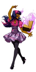 Size: 500x1000 | Tagged: safe, artist:lettiebobettie, twilight sparkle, human, g4, book, clothes, dark skin, female, high heels, horn, horned humanization, humanized, magic, pantyhose, simple background, skirt, solo, vest, white background