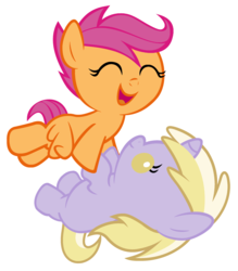 Size: 2520x2880 | Tagged: safe, artist:beavernator, dinky hooves, scootaloo, pegasus, pony, unicorn, g4, baby, baby pony, baby scootaloo, duo, female, flying, foal, high res, scootaloo can fly, simple background, white background