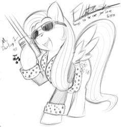Size: 864x908 | Tagged: safe, artist:0r0ch1, fluttershy, pegasus, pony, g4, barry white, clothes, female, mare, monochrome, solo, sunglasses