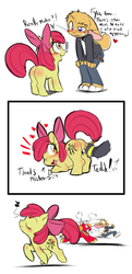 Size: 766x1582 | Tagged: safe, artist:0r0ch1, apple bloom, big macintosh, oc, oc:0r0ch1, earth pony, pony, g4, angry, big brother instinct, big macintosh is not amused, body art, butt, butt blush, chase, comic, cutie mark, fake cutie mark, female, filly, furry, male, misleading thumbnail, mouth hold, paintbrush, plot, rage, stallion, sword, unamused, weapon, whistling