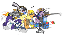 Size: 1496x844 | Tagged: safe, artist:0r0ch1, applejack, rarity, twilight sparkle, zecora, earth pony, pony, unicorn, zebra, g4, action pose, apple, clothes, costume, crossover, democora, demoman, demoman (tf2), demozecora, engiejack, engineer, engineer (tf2), female, food, grenade launcher, gun, hooves, horn, knife, mare, mouth hold, open mouth, optical sight, poikah, rarispy, rifle, simple background, sniper, sniper (tf2), sniper rifle, spy, spy (tf2), team fortress 2, tongue out, twilight sniper, weapon, white background
