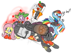 Size: 1352x1012 | Tagged: safe, artist:0r0ch1, angel bunny, fluttershy, pinkie pie, rainbow dash, spike, dragon, pegasus, pony, g4, costume, female, fluttermedic, gun, heavy weapons guy, male, mare, medic, medic (tf2), pinkie pyro, pyro (tf2), rainbow scout, rocket jump, scout (tf2), simple background, soldier, soldier (tf2), team fortress 2, weapon, white background