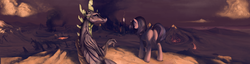 Size: 1600x411 | Tagged: dead source, safe, artist:fruitbloodmilkshake, spike, twilight sparkle, dragon, pony, unicorn, g4, adult, adult spike, butt, duo, female, future, male, mare, no more ponies at source, older, plot, rear view, technically advanced, wasteland, widescreen