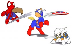 Size: 1280x821 | Tagged: safe, artist:0r0ch1, earth pony, pony, captain america, crossover, male, marvel, mouth hold, ponified, shield, spider-man, stallion, sword, taskmaster, weapon