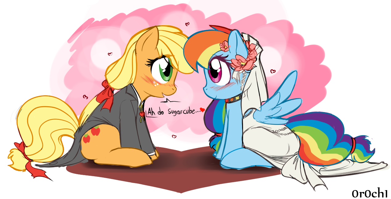 11122 - safe, artist:0r0ch1, applejack, rainbow dash, earth pony, pegasus,  pony, g4, abstract background, blushing, clothes, dress, eye contact,  female, lesbian, looking at each other, mare, ship:appledash, shipping,  sitting, wedding, wedding dress -