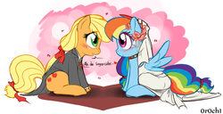 Size: 1268x648 | Tagged: safe, artist:0r0ch1, applejack, rainbow dash, earth pony, pegasus, pony, g4, abstract background, blushing, clothes, dress, eye contact, female, lesbian, looking at each other, mare, ship:appledash, shipping, sitting, wedding, wedding dress