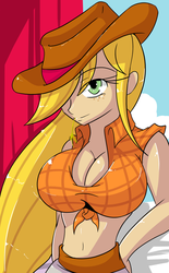 Size: 1600x2580 | Tagged: safe, artist:d-xross, applejack, human, g4, bare shoulders, belly button, big breasts, breasts, busty applejack, cleavage, clothes, female, humanized, midriff, solo