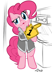 Size: 449x623 | Tagged: safe, artist:0r0ch1, pinkie pie, earth pony, pony, g4, american psycho, bipedal, check em, christian bale, crossover, female, foam finger, huey lewis and the news, mare, meme, parody, patrick bateman, solo