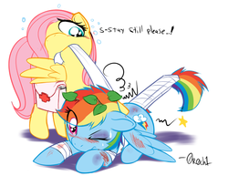 Size: 744x608 | Tagged: safe, artist:0r0ch1, fluttershy, rainbow dash, pegasus, pony, g4, bandage, blood, blushing, broken tail, bruised, dizzy, duo, female, filly, first aid, foal, injured, mouth hold, one eye closed, prone, rainbow crash, saddle bag, simple background, splint, tail wrap, white background, worried