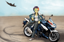 Size: 2400x1600 | Tagged: safe, artist:scorpiordinance, rainbow dash, human, g4, clothes, female, humanized, jacket, jet, leaning, motorcycle, solo