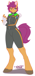 Size: 798x1704 | Tagged: safe, artist:0r0ch1, scootaloo, anthro, unguligrade anthro, g4, amputee, bandage, clothes, female, older, older scootaloo, simple background, solo, tail wrap, unshorn fetlocks, white background, wingless, wingless anthro