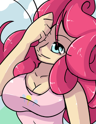 Size: 1600x2071 | Tagged: safe, artist:d-xross, pinkie pie, human, g4, breasts, busty pinkie pie, cleavage, female, humanized, one eye closed, solo