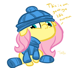 Size: 1100x1000 | Tagged: dead source, safe, artist:tess, fluttershy, pegasus, pony, g4, bottomless, clothes, female, floppy ears, hat, mare, partial nudity, simple background, sitting, socks, solo, striped socks, sweater, sweatershy, white background