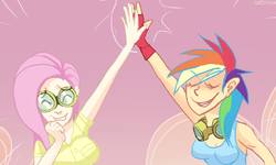 Size: 650x390 | Tagged: safe, artist:mizz-ninja, fluttershy, rainbow dash, human, g4, hurricane fluttershy, clothes, duo, eyes closed, female, fingerless gloves, gloves, goggles, high five, humanized, scene interpretation