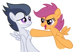 Size: 707x488 | Tagged: artist needed, source needed, safe, rumble, scootaloo, pegasus, pony, g4, colt, female, filly, looking at each other, male, pointing, ship:rumbloo, shipping, simple background, straight, vector, white background