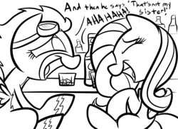 Size: 2338x1700 | Tagged: safe, artist:tess, fluttershy, spitfire, pegasus, pony, g4, alcohol, bar, drink, drunk, drunkershy, duo, female, goggles, laughing, mare, monochrome, sitting, tipsyfire, wonderbolts uniform
