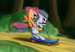 Size: 1479x1032 | Tagged: safe, artist:rubrony, artist:tggeko, rumble, scootaloo, pegasus, pony, g4, bipedal, colt, dirt road, excited, female, filly, forest, hug, male, nature, scared, scooter, ship:rumbloo, shipping, straight, tree