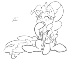 Size: 2000x1739 | Tagged: safe, artist:leadhooves, pinkie pie, earth pony, pony, g4, clothes, eyes closed, female, mare, monochrome, shirt, sitting, sleepy, yawn