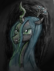 Size: 1093x1428 | Tagged: safe, artist:wafflecannon, queen chrysalis, changeling, changeling queen, g4, abstract background, bust, female, grin, portrait, smiling, solo