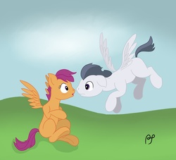 Size: 2569x2335 | Tagged: safe, artist:postscripting, rumble, scootaloo, pegasus, pony, g4, colt, eye contact, female, filly, floating, high res, looking at each other, male, ship:rumbloo, shipping, sitting, straight