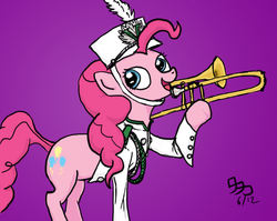 Size: 1112x887 | Tagged: safe, artist:wafflecannon, pinkie pie, earth pony, pony, g4, clothes, female, marching band, mare, musical instrument, simple background, solo, trombone