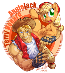 Size: 1451x1628 | Tagged: safe, artist:0r0ch1, applejack, earth pony, human, pony, g4, crossover, fatal fury, female, male, mare, snk, terry bogard
