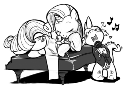 Size: 776x544 | Tagged: safe, artist:0r0ch1, rarity, spike, dragon, pony, unicorn, g4, clothes, dress, eyes closed, female, flower, heart, male, mare, microphone, monochrome, music notes, musical instrument, on side, piano, ship:sparity, shipping, singing, straight