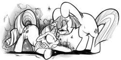 Size: 1004x500 | Tagged: safe, artist:0r0ch1, rarity, twilight sparkle, pony, unicorn, g4, bipedal, cowering, duo, female, magic, mare, monochrome, scared, wide eyes