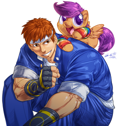 Size: 956x1024 | Tagged: safe, artist:0r0ch1, scootaloo, human, pegasus, pony, g4, crossover, female, filly, king of fighters, male, shingo yabuki, snk