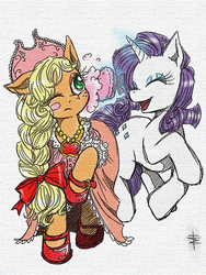 Size: 600x800 | Tagged: safe, artist:tt-n, applejack, rarity, earth pony, pony, unicorn, g4, applejack also dresses in style, bow, clothes, dress, dressup, duo, female, hair bow, hat, makeup, mare, mary janes, shoes, traditional art