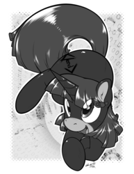 Size: 956x1238 | Tagged: safe, artist:0r0ch1, oc, oc only, oc:curly bracket, pony, unicorn, abstract background, catsuit, female, grayscale, mare, monochrome, open mouth, smiling, solo