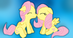 Size: 963x506 | Tagged: safe, artist:xxcupcakesflyingxx, fluttershy, pegasus, pony, g4, adorascotch, butterscotch, cute, eyes closed, female, floppy ears, gradient background, male, mare, nuzzling, rule 63, rule63betes, self ponidox, selfcest, ship:flutterscotch, shipping, sitting, smiling, stallion, straight