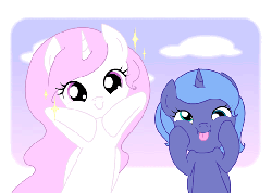 Size: 525x375 | Tagged: safe, artist:jdan-s, princess celestia, princess luna, alicorn, pony, :i, :p, animated, blinking, c:, cewestia, cross-eyed, cute, cutelestia, duo, eye shimmer, female, filly, foal, gif, googly eyes, hnnng, looking at you, lunabetes, pink-mane celestia, puffy cheeks, raspberry, sillestia, silly, silly pony, smiling, sparkles, squishy, squishy cheeks, tongue out, weapons-grade cute, woona, younger