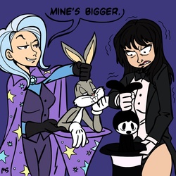 Size: 945x945 | Tagged: safe, artist:megasweet, trixie, human, rabbit, g4, bugs bunny, bunny out of the hat, crossover, dc comics, dialogue, disney, dreamworks face, female, hat, humanized, leotard, looney tunes, magic trick, magician, magician outfit, male, merrie melodies, oswald the lucky rabbit, purple background, simple background, smug, top hat, warner brothers, wizard hat, zatanna