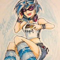 Size: 516x515 | Tagged: safe, artist:slifertheskydragon, dj pon-3, vinyl scratch, human, g4, clothes, cropped, denim skirt, eared humanization, female, furry leg warmers, headphones, horn, horned humanization, humanized, leg warmers, midriff, rave, skirt, solo, traditional art