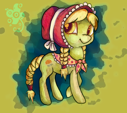 Size: 684x614 | Tagged: safe, artist:caramelflower, granny smith, earth pony, pony, g4, abstract background, adorasmith, bonnet, braid, braided tail, cute, female, filly, foal, solo, young