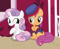 Size: 459x378 | Tagged: safe, screencap, scootaloo, sweetie belle, pegasus, pony, unicorn, family appreciation day, g4, season 2, animated, cute, cutealoo, diasweetes, duo, female, filly, gif, hoof rubbing, laughing, rubbing hooves, scootagram, sitting