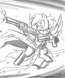 Size: 667x800 | Tagged: safe, artist:johnjoseco, derpy hooves, pony, g4, bipedal, clothes, crossover, dual wield, female, grayscale, gun, monochrome, solo, trigun, vash the stampede, weapon