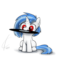 Size: 1600x2000 | Tagged: safe, artist:valcron, dj pon-3, vinyl scratch, pony, unicorn, g4, cute, female, filly, foal, mouth hold, record, red eyes, simple background, solo, vinylbetes, white background, wrong eye color, younger