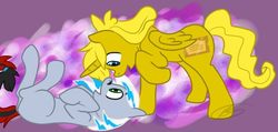 Size: 720x342 | Tagged: artist needed, safe, oc, oc only, oc:ticket, unnamed oc, alicorn, earth pony, pony, abstract background, alicorn oc, duo, eye contact, female, looking at each other, mare, on back