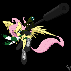 Size: 900x899 | Tagged: safe, artist:amostheartman, fluttershy, pegasus, pony, g4, black background, clothes, female, flutterbadass, gun, hooves, mare, optical sight, rifle, scarf, simple background, sniper, sniper rifle, snipershy, solo, spread wings, suppressor, weapon, wings