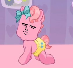 Size: 326x305 | Tagged: artist needed, safe, pinkie pie (g3), pony, g3, g3.5, newborn cuties, ambiguous gender, baby, baby pony, human face, solo, yaranaika