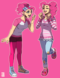 Size: 794x1036 | Tagged: safe, artist:emlan, pinkie pie, human, g4, converse, female, humanized, pink background, shoes, simple background, sneakers, solo