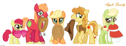 Size: 6104x2246 | Tagged: safe, artist:773her, apple bloom, applejack, big macintosh, braeburn, granny smith, earth pony, pony, g4, apple family, braid, female, filly, hat, horse collar, male, mare, mouth hold, simple background, stallion, sweat, transparent background, young